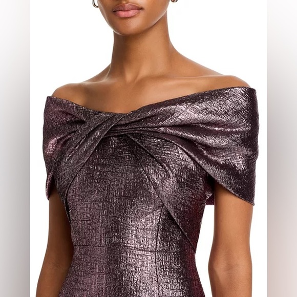 Teri Jon by Rickie Freeman Metallic Jacquard Bodice Off Shoulder Gown Dress - Picture 4 of 16